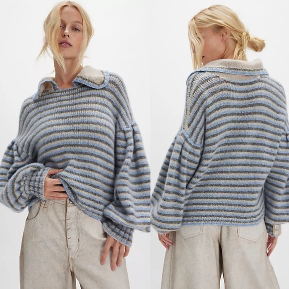 Free People Sweaters - NWT Free People Frills Softspun Alpaca Striped Collared Sweater